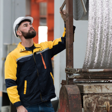 Male employee in safety gear closely examining a large industrial machine